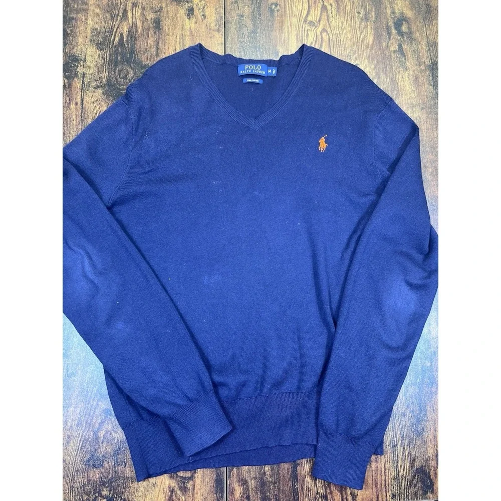 Polo Ralph Lauren 100% Pima Cotton V Neck Sweater Mens Medium Blue Pullover Pony